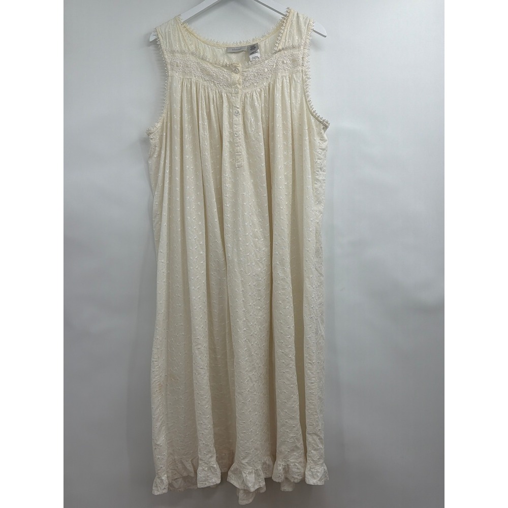 Adonna Ivory Embroidered Cotton Nightgown XL Sleeveless Lace Trim Ruffle Hem